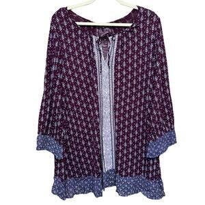 Lucky Brand Boho Tunic Size 3X Burgundy Blue Print Keyhole Neck Ruffle Trim Top